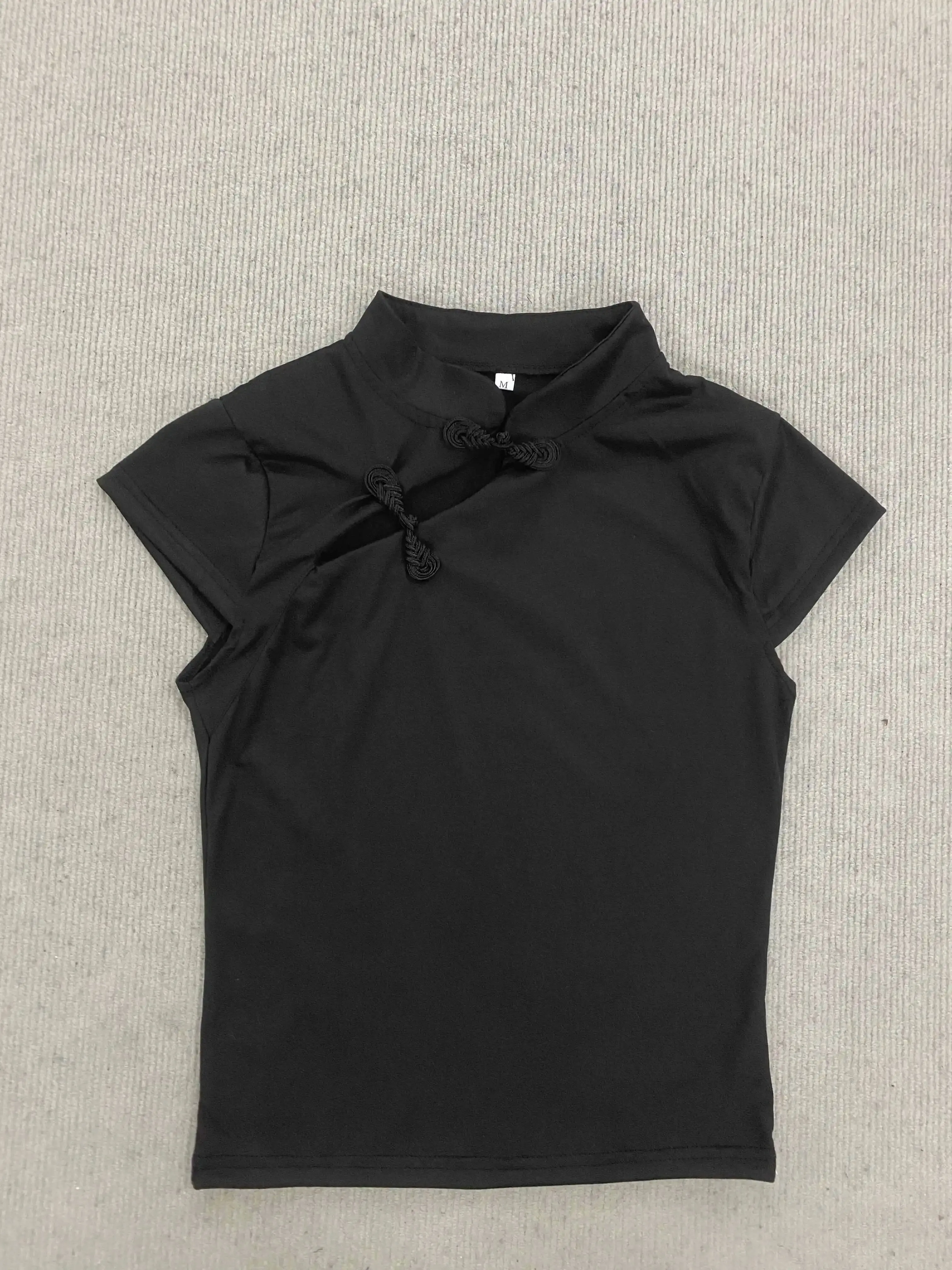 Casual Retro New Chinese Style Niche Design Buckle T-shirt Fashionable Spicy Girl Slim Cheongsam Collar Short Sleeved Women Tops