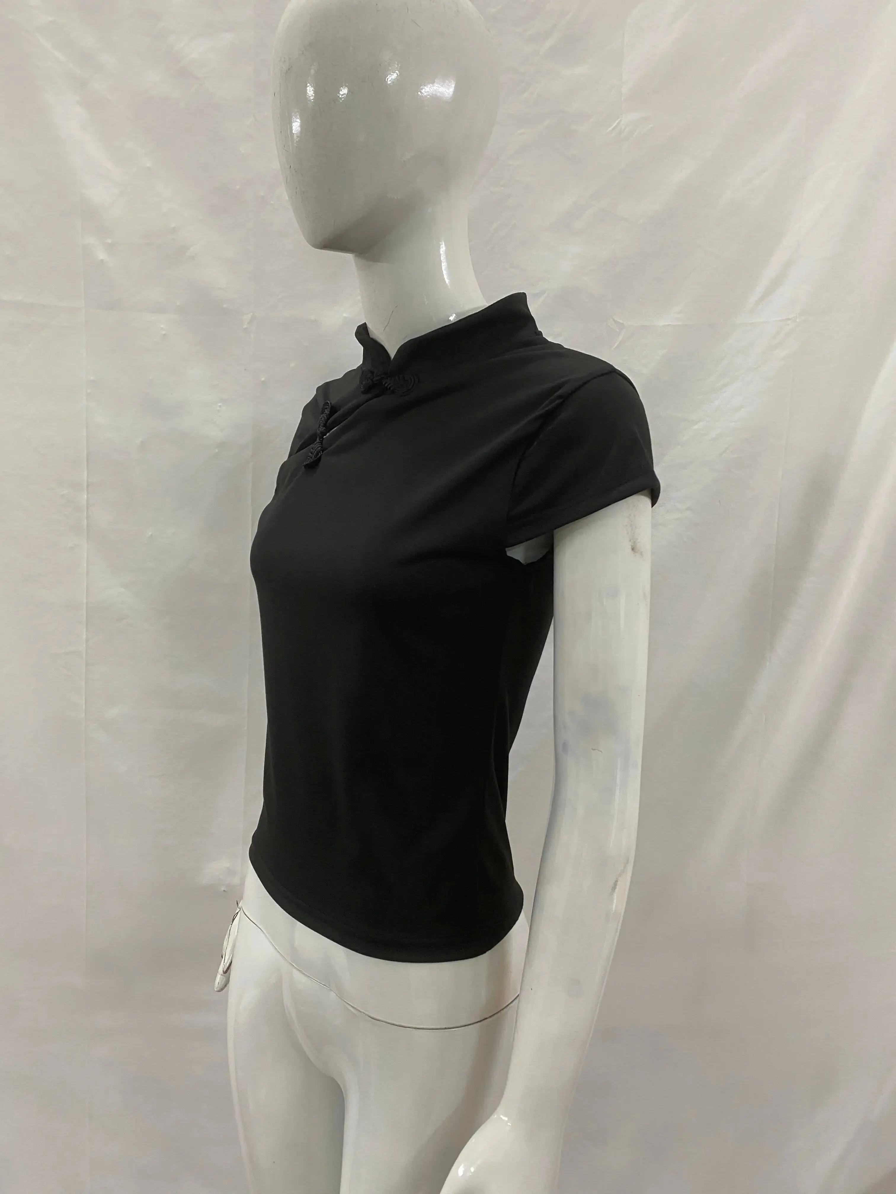 Casual Retro New Chinese Style Niche Design Buckle T-shirt Fashionable Spicy Girl Slim Cheongsam Collar Short Sleeved Women Tops