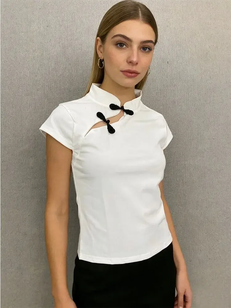 Casual Retro New Chinese Style Niche Design Buckle T-shirt Fashionable Spicy Girl Slim Cheongsam Collar Short Sleeved Women Tops