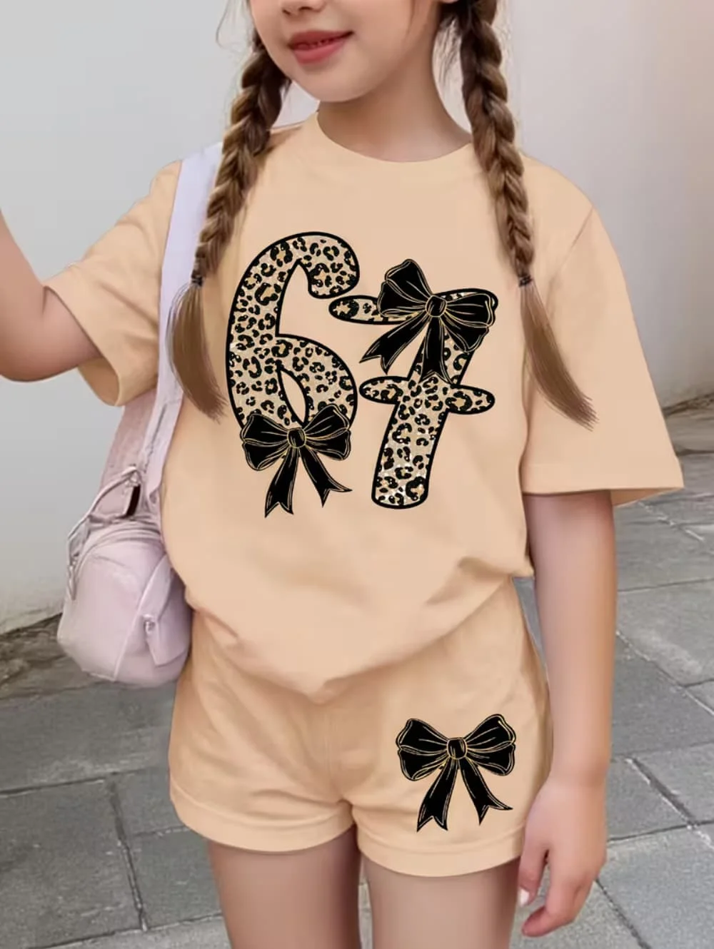 Funny Six Seven Italian Brainrot 67 Leopard Print Kids Short Sleeve Suit Children Clothing T-Shirt+ Shorts 2pc Set Girls Clothes