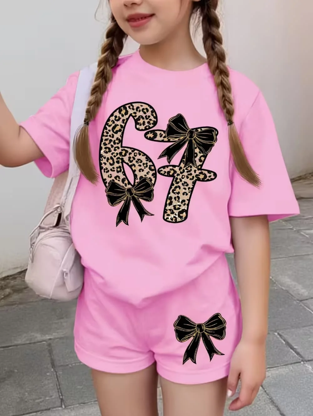 Funny Six Seven Italian Brainrot 67 Leopard Print Kids Short Sleeve Suit Children Clothing T-Shirt+ Shorts 2pc Set Girls Clothes
