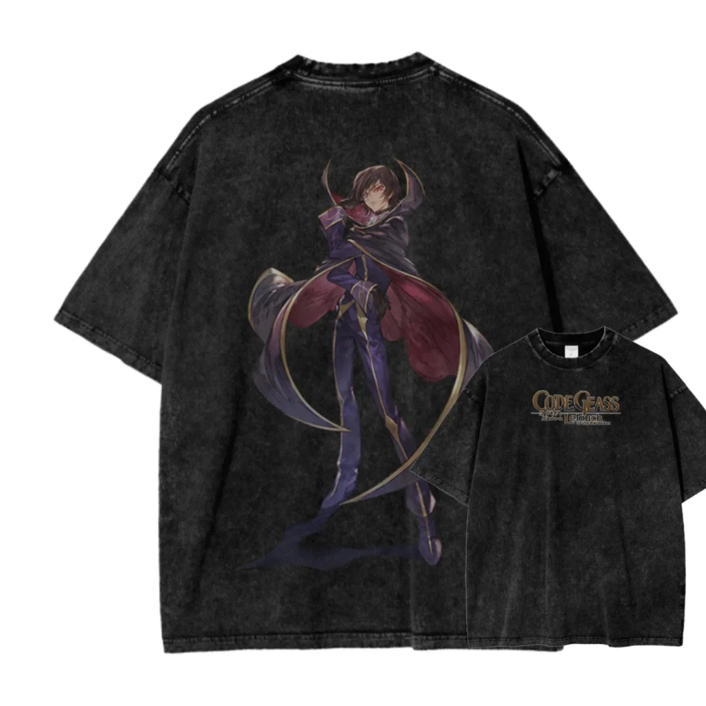 2026 New ACID WASH TEE Code Geass Anime Printed T-shirt Men's and Women's Washed T-shirt High Quality Vintage Cotton T-shirt Top
