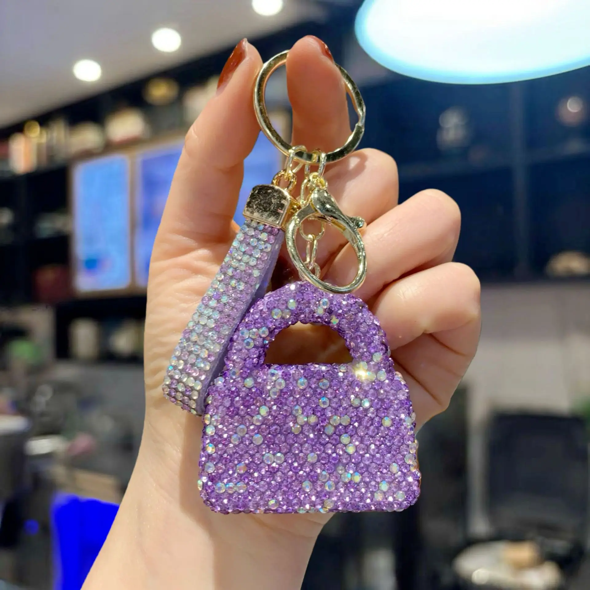 Rhinestone Clay Mini Handbag Keychain, Full Crystal Luxury Car Key Ring, Sparkly Bag Charm