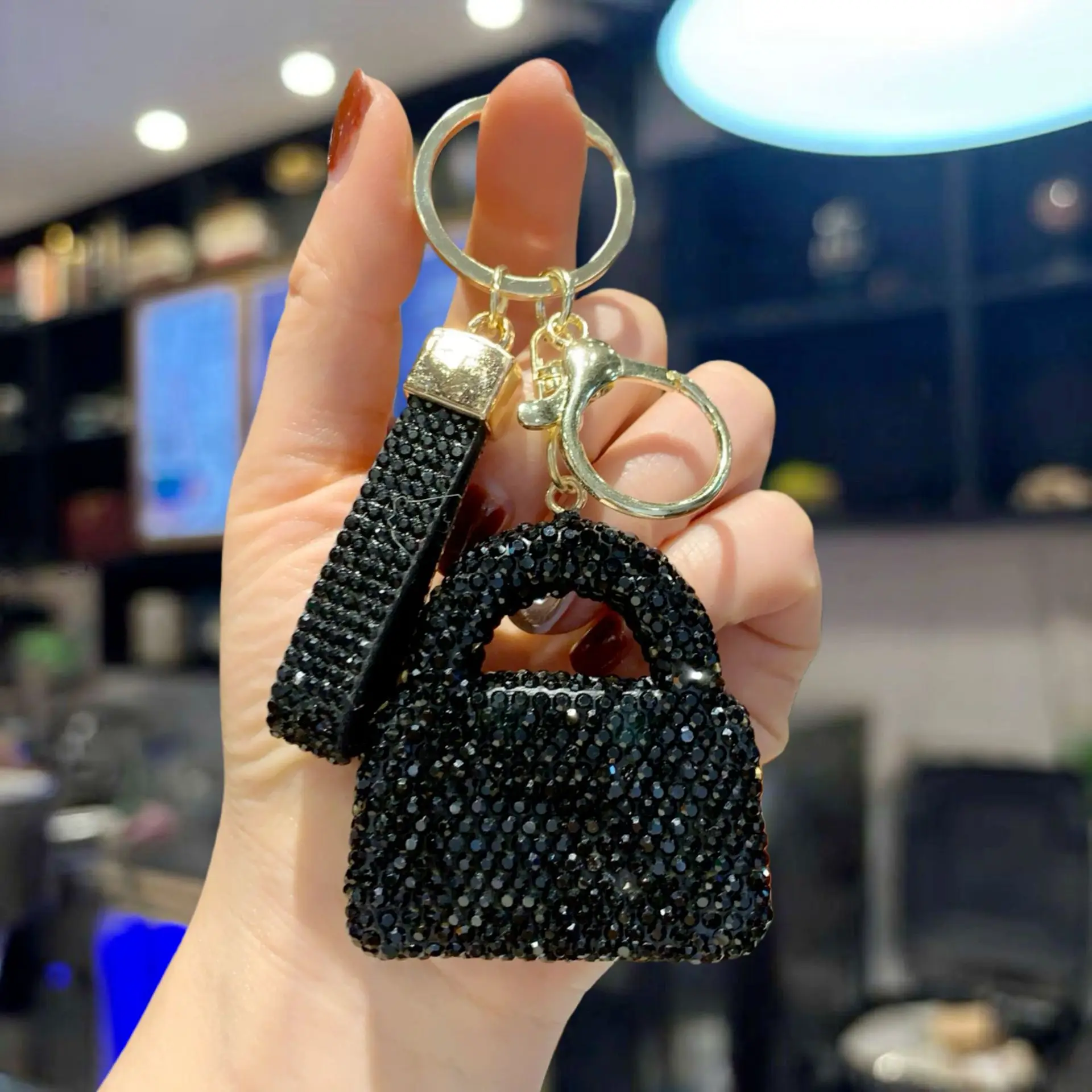 Rhinestone Clay Mini Handbag Keychain, Full Crystal Luxury Car Key Ring, Sparkly Bag Charm