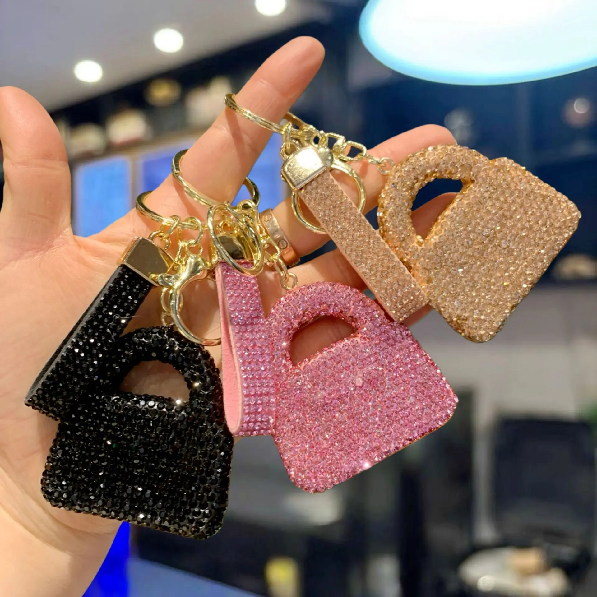 Rhinestone Clay Mini Handbag Keychain, Full Crystal Luxury Car Key Ring, Sparkly Bag Charm