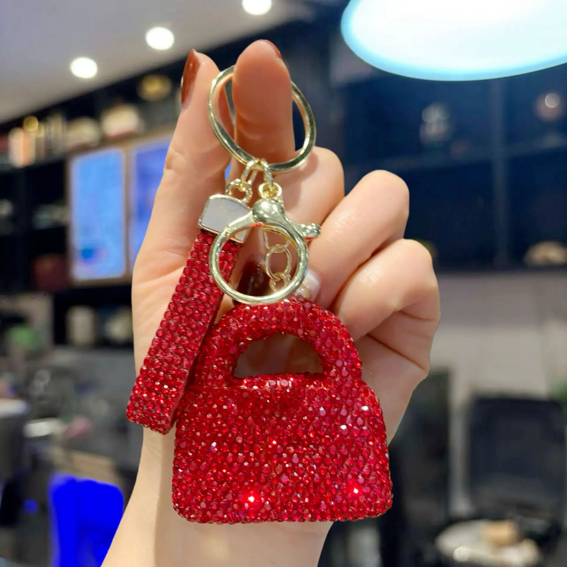 Rhinestone Clay Mini Handbag Keychain, Full Crystal Luxury Car Key Ring, Sparkly Bag Charm