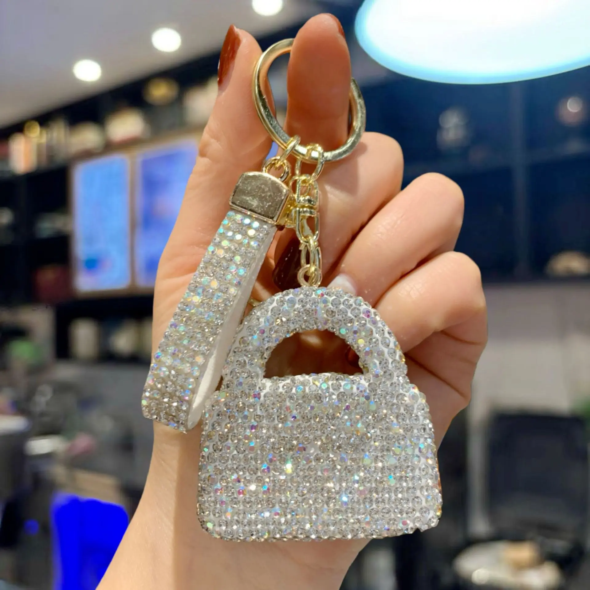 Rhinestone Clay Mini Handbag Keychain, Full Crystal Luxury Car Key Ring, Sparkly Bag Charm