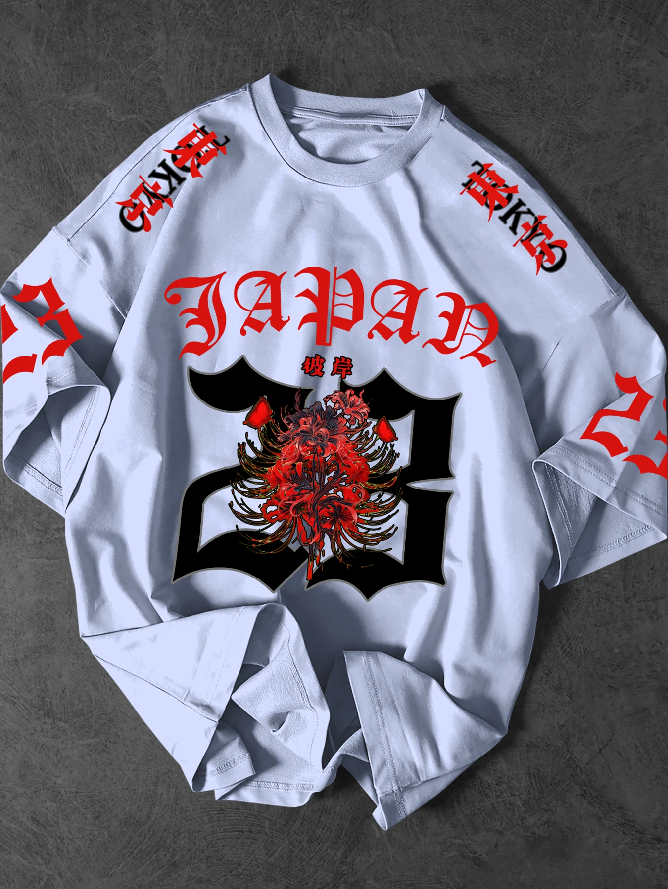 Men's Oversized Japan 23 Print T-Shirt Red Spider Lily Higanbana Graphic Short Sleeve Tee Gothic Streetwear Tops