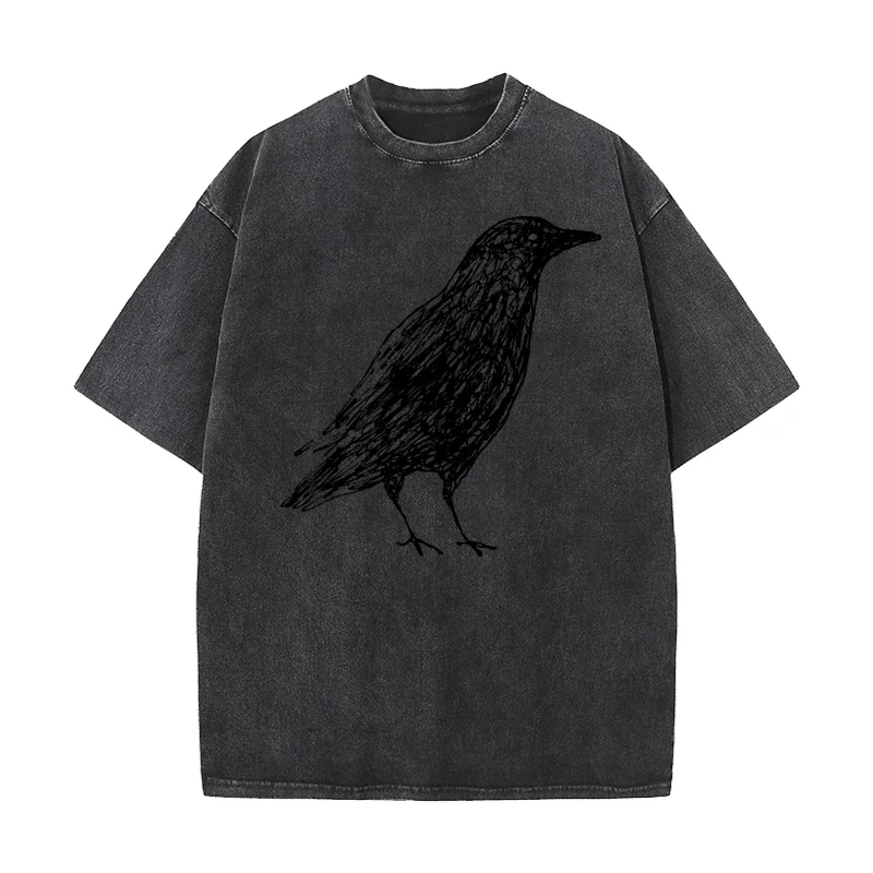 Sketch Bird Graphic Crew Neck Washed Tshirts Mother Day Tees Short Sleeve Classic 100% Cotton Funny Washed Tees Outdoor Adult