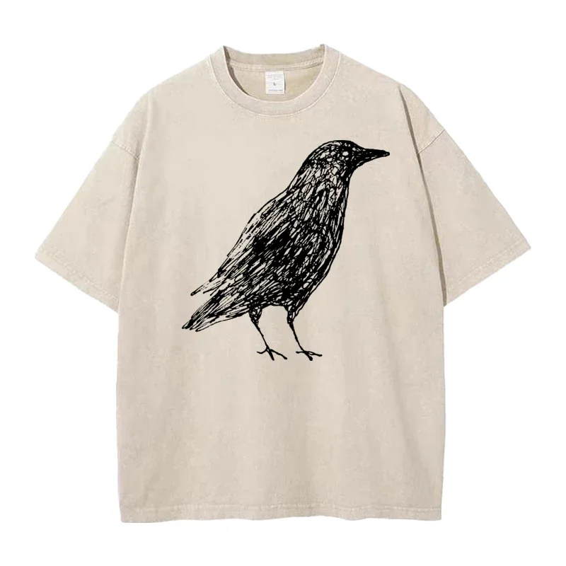Sketch Bird Graphic Crew Neck Washed Tshirts Mother Day Tees Short Sleeve Classic 100% Cotton Funny Washed Tees Outdoor Adult