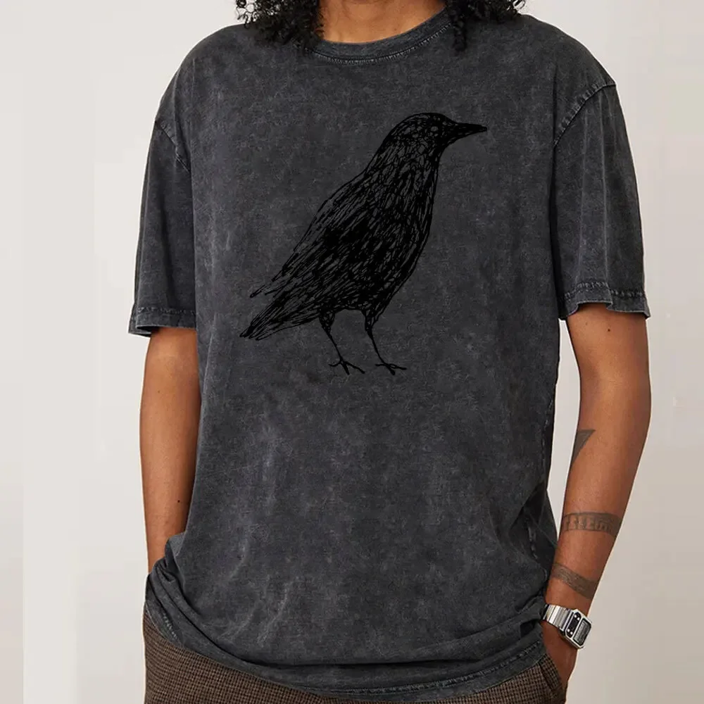 Sketch Bird Graphic Crew Neck Washed Tshirts Mother Day Tees Short Sleeve Classic 100% Cotton Funny Washed Tees Outdoor Adult