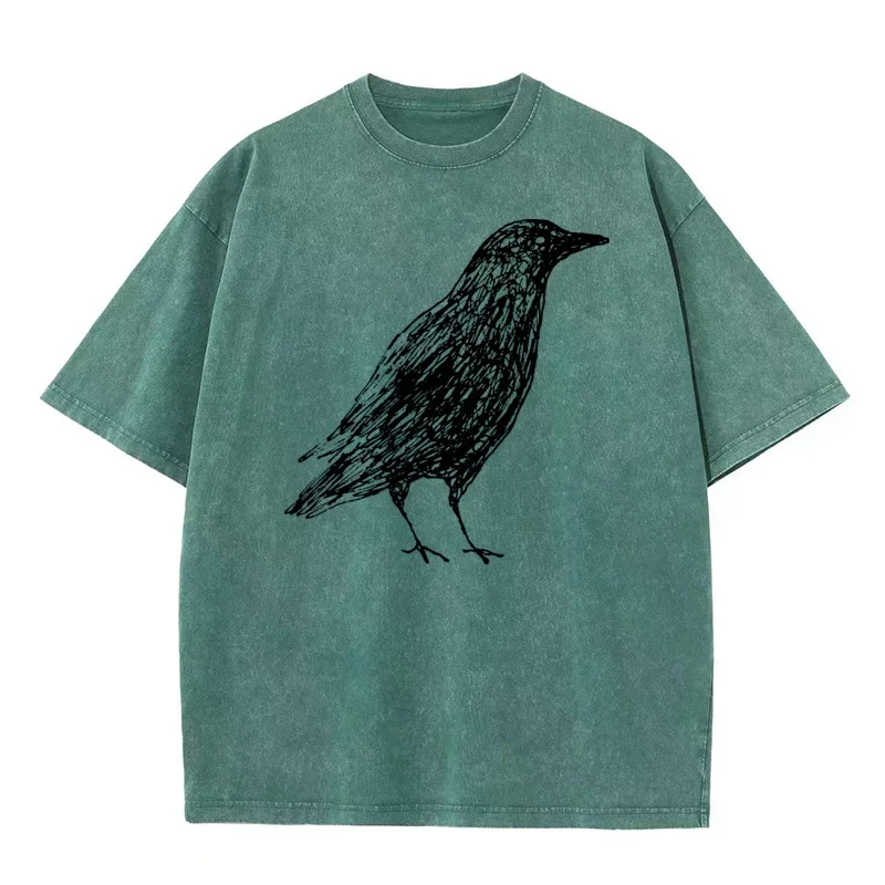Sketch Bird Graphic Crew Neck Washed Tshirts Mother Day Tees Short Sleeve Classic 100% Cotton Funny Washed Tees Outdoor Adult