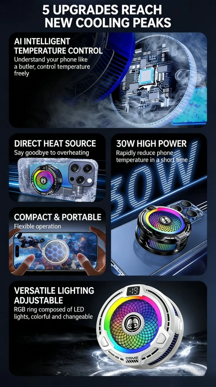 FS18 Mobile Phone Cooler 30W AI Smart Temperature Control TEC Semiconductor Cooling Fan Radiator with RGB Light for IOS Android
