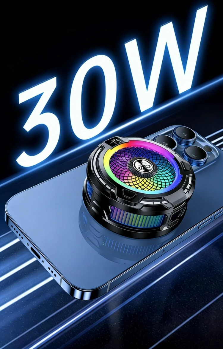 FS18 Mobile Phone Cooler 30W AI Smart Temperature Control TEC Semiconductor Cooling Fan Radiator with RGB Light for IOS Android