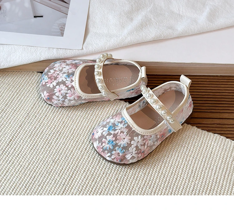 Pink Blue Floral Embroidery Mesh Ballet Flat Baby Girl Elegant Pearl Strap Mary Jane Shoes Kid Wedding Party Lace Ballerina Shoe