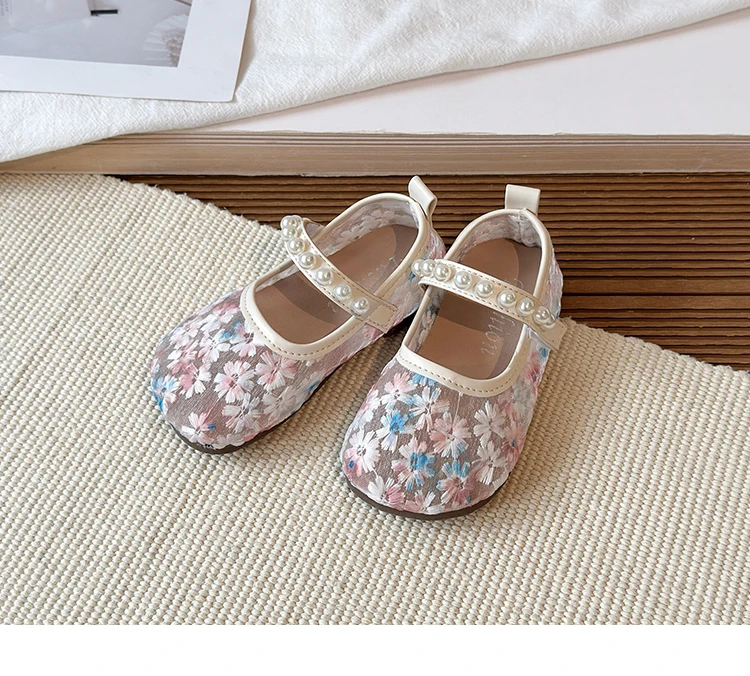 Pink Blue Floral Embroidery Mesh Ballet Flat Baby Girl Elegant Pearl Strap Mary Jane Shoes Kid Wedding Party Lace Ballerina Shoe