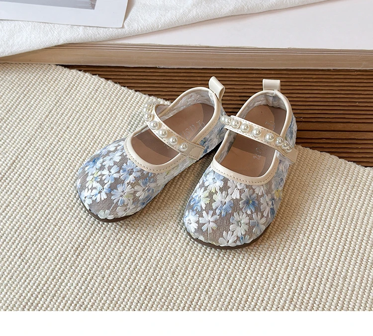 Pink Blue Floral Embroidery Mesh Ballet Flat Baby Girl Elegant Pearl Strap Mary Jane Shoes Kid Wedding Party Lace Ballerina Shoe
