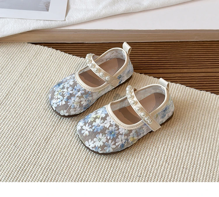 Pink Blue Floral Embroidery Mesh Ballet Flat Baby Girl Elegant Pearl Strap Mary Jane Shoes Kid Wedding Party Lace Ballerina Shoe