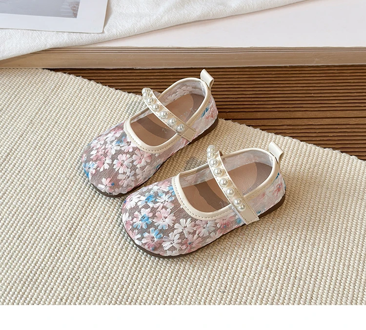 Pink Blue Floral Embroidery Mesh Ballet Flat Baby Girl Elegant Pearl Strap Mary Jane Shoes Kid Wedding Party Lace Ballerina Shoe
