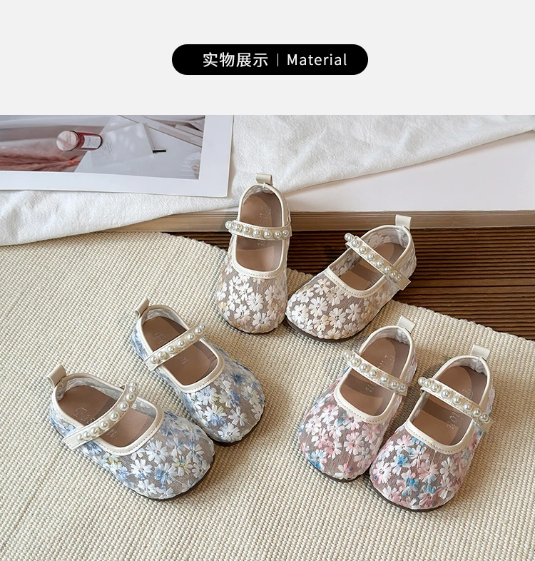 Pink Blue Floral Embroidery Mesh Ballet Flat Baby Girl Elegant Pearl Strap Mary Jane Shoes Kid Wedding Party Lace Ballerina Shoe