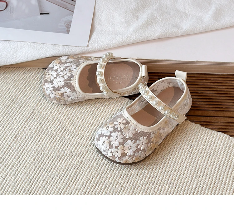 Pink Blue Floral Embroidery Mesh Ballet Flat Baby Girl Elegant Pearl Strap Mary Jane Shoes Kid Wedding Party Lace Ballerina Shoe