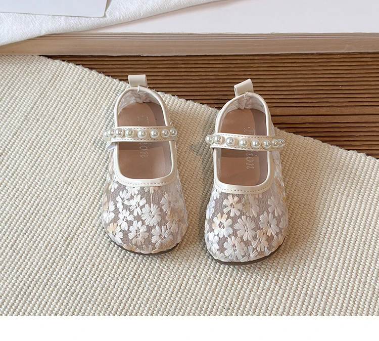 Pink Blue Floral Embroidery Mesh Ballet Flat Baby Girl Elegant Pearl Strap Mary Jane Shoes Kid Wedding Party Lace Ballerina Shoe
