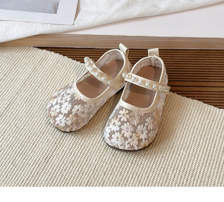 Pink Blue Floral Embroidery Mesh Ballet Flat Baby Girl Elegant Pearl Strap Mary Jane Shoes Kid Wedding Party Lace Ballerina Shoe