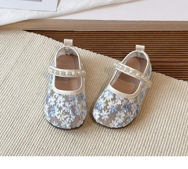Pink Blue Floral Embroidery Mesh Ballet Flat Baby Girl Elegant Pearl Strap Mary Jane Shoes Kid Wedding Party Lace Ballerina Shoe