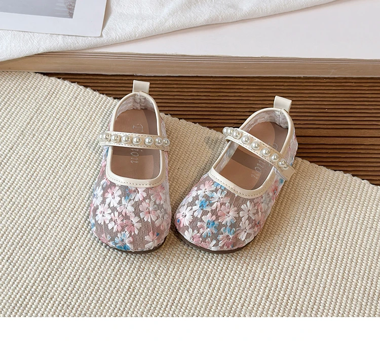 Pink Blue Floral Embroidery Mesh Ballet Flat Baby Girl Elegant Pearl Strap Mary Jane Shoes Kid Wedding Party Lace Ballerina Shoe