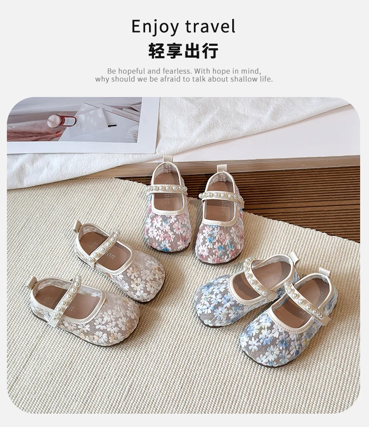Pink Blue Floral Embroidery Mesh Ballet Flat Baby Girl Elegant Pearl Strap Mary Jane Shoes Kid Wedding Party Lace Ballerina Shoe