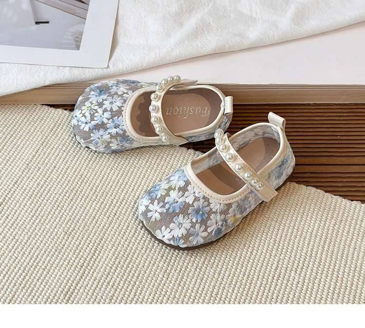 Pink Blue Floral Embroidery Mesh Ballet Flat Baby Girl Elegant Pearl Strap Mary Jane Shoes Kid Wedding Party Lace Ballerina Shoe