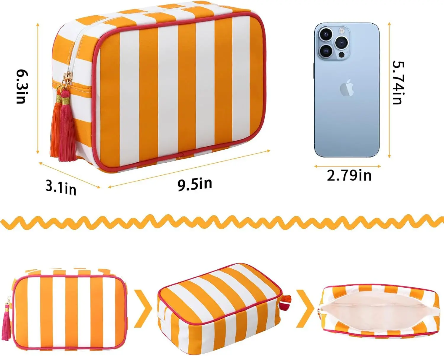 Large Striped Portable Cosmetic Bag For Women Tassel Zipper Makeup Bag Large Capacity Pouch Bags Casual Tote with Zipper Closure