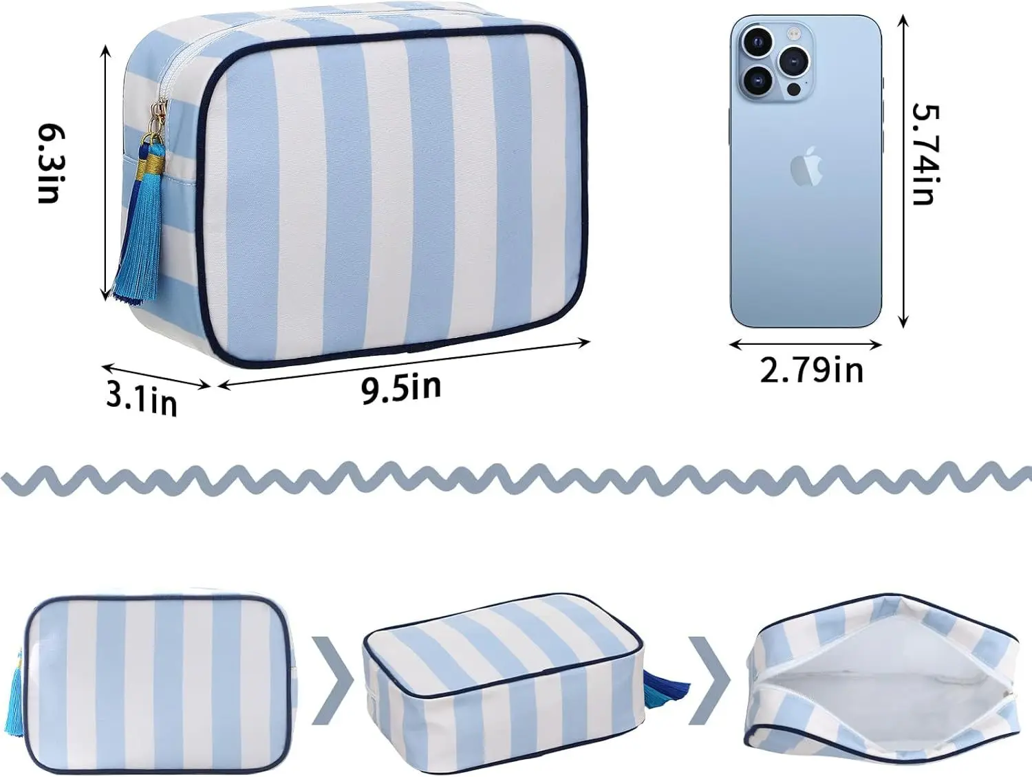 Large Striped Portable Cosmetic Bag For Women Tassel Zipper Makeup Bag Large Capacity Pouch Bags Casual Tote with Zipper Closure