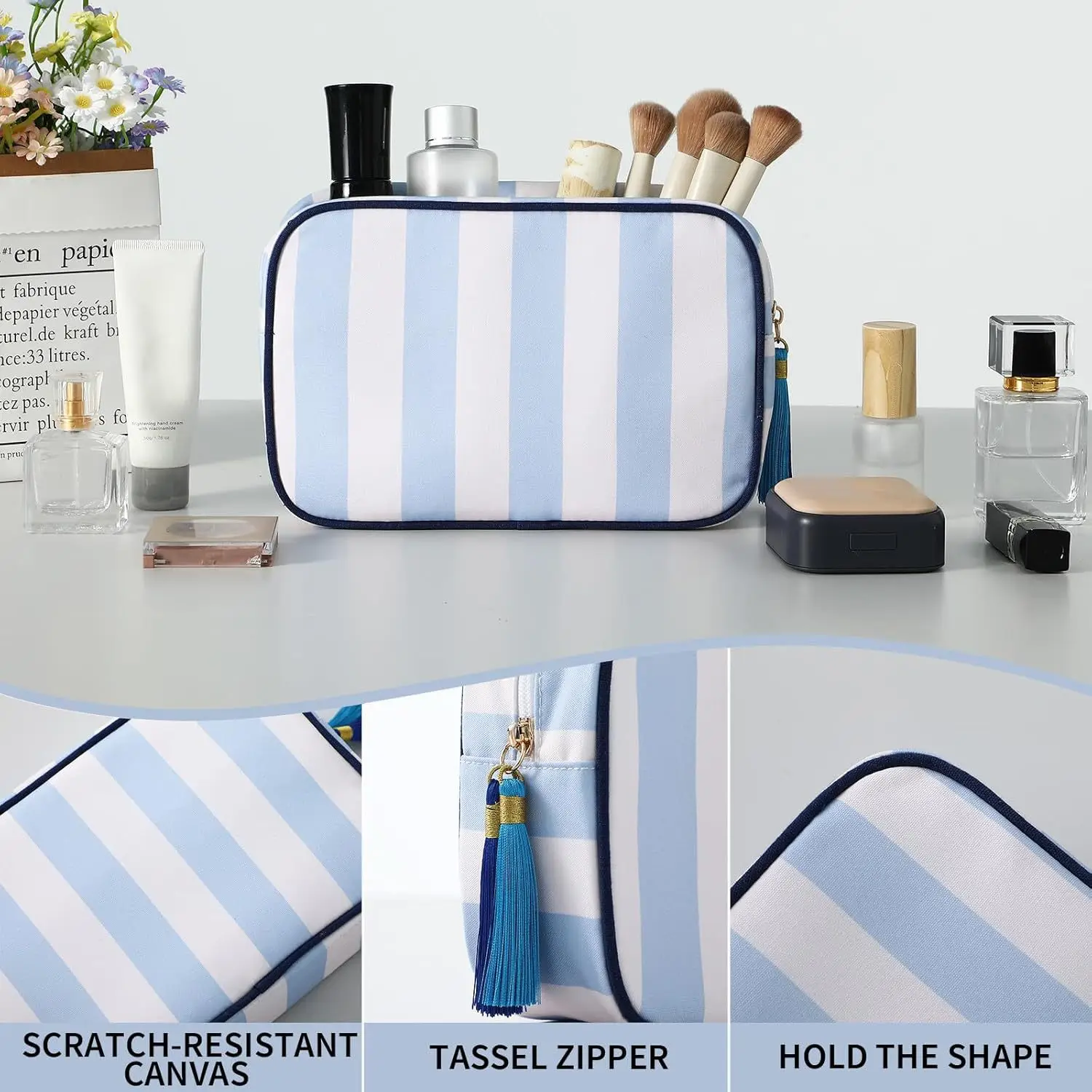 Large Striped Portable Cosmetic Bag For Women Tassel Zipper Makeup Bag Large Capacity Pouch Bags Casual Tote with Zipper Closure
