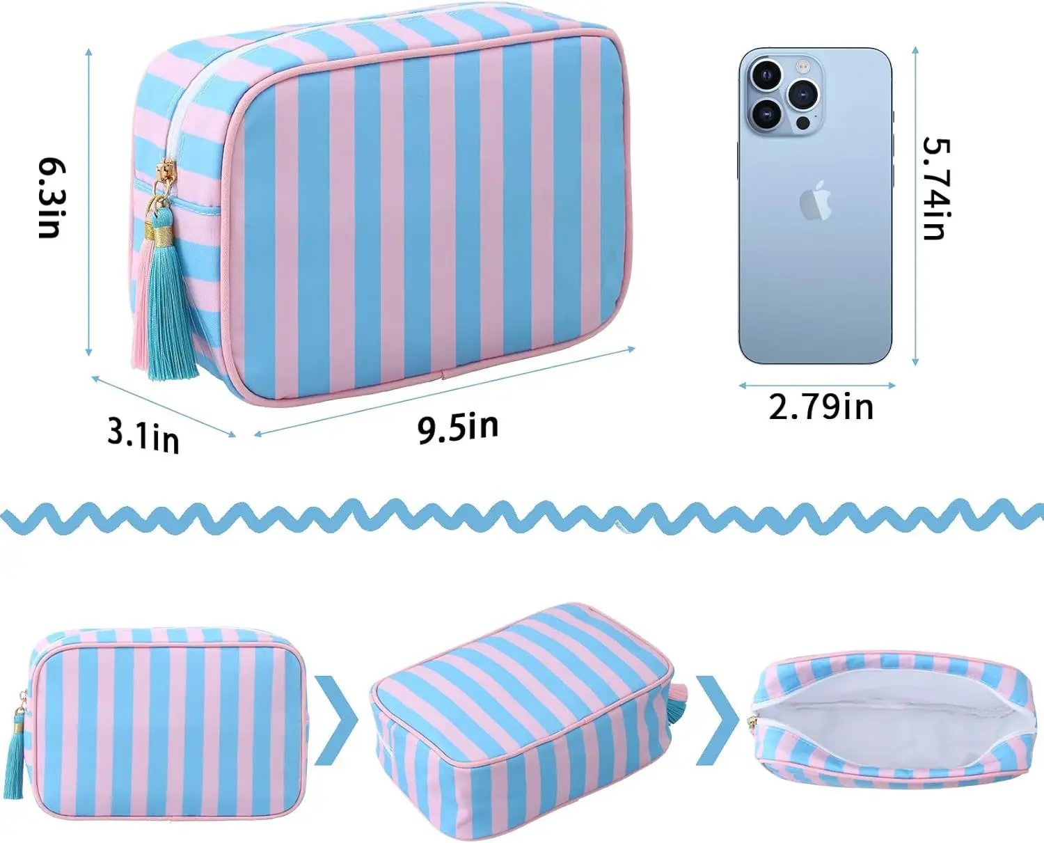 Large Striped Portable Cosmetic Bag For Women Tassel Zipper Makeup Bag Large Capacity Pouch Bags Casual Tote with Zipper Closure