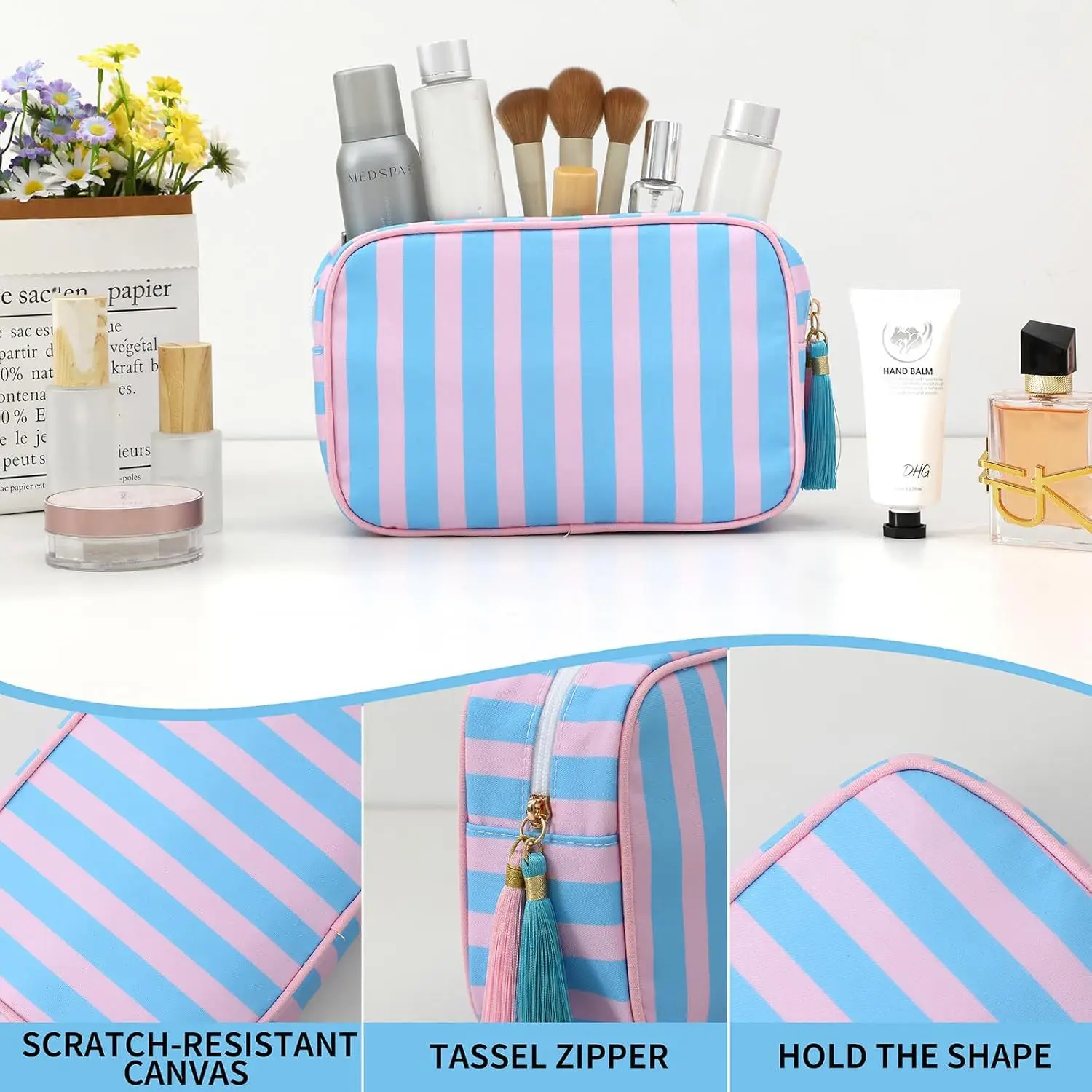 Large Striped Portable Cosmetic Bag For Women Tassel Zipper Makeup Bag Large Capacity Pouch Bags Casual Tote with Zipper Closure