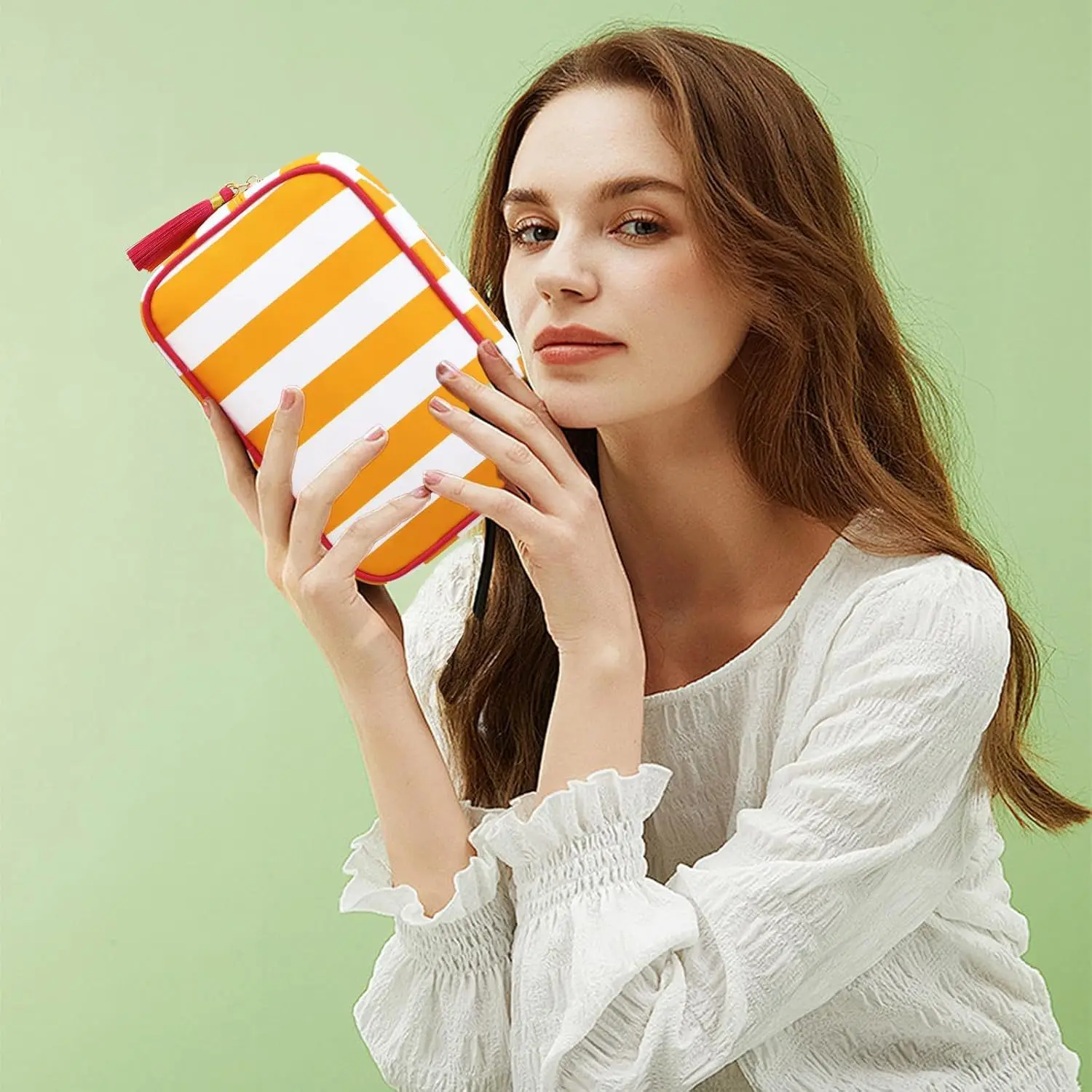 Large Striped Portable Cosmetic Bag For Women Tassel Zipper Makeup Bag Large Capacity Pouch Bags Casual Tote with Zipper Closure