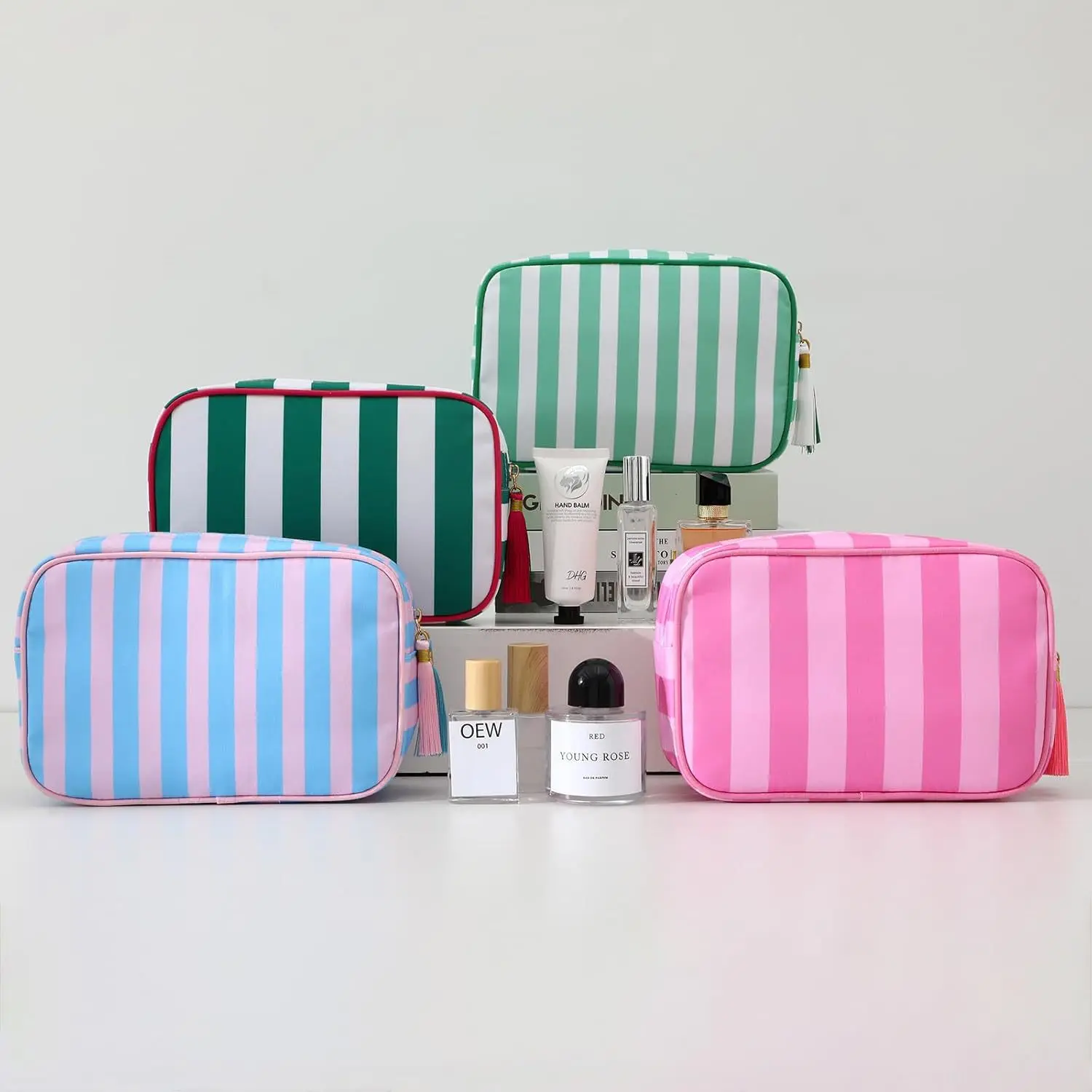 Large Striped Portable Cosmetic Bag For Women Tassel Zipper Makeup Bag Large Capacity Pouch Bags Casual Tote with Zipper Closure