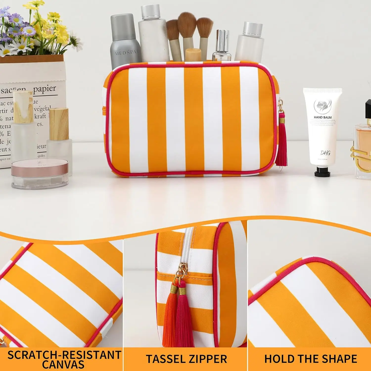 Large Striped Portable Cosmetic Bag For Women Tassel Zipper Makeup Bag Large Capacity Pouch Bags Casual Tote with Zipper Closure