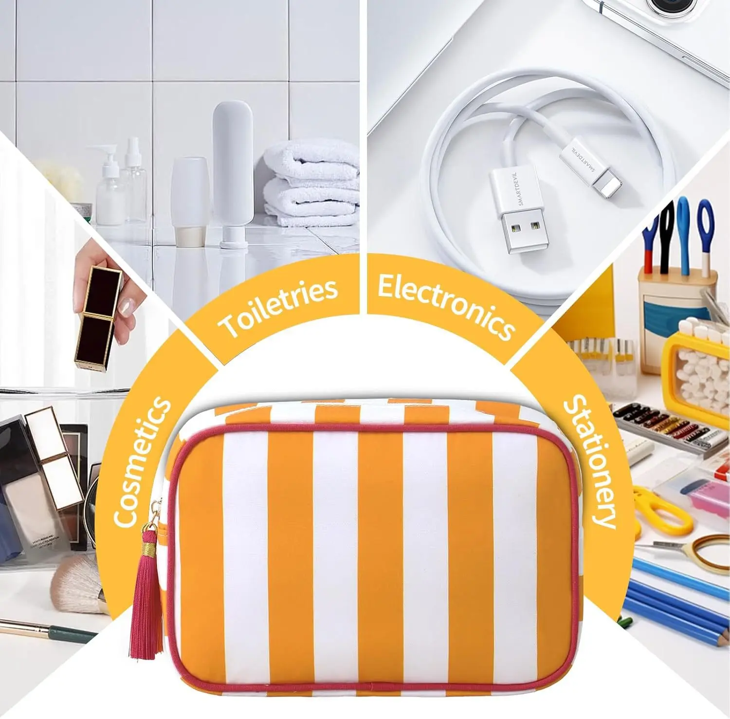 Large Striped Portable Cosmetic Bag For Women Tassel Zipper Makeup Bag Large Capacity Pouch Bags Casual Tote with Zipper Closure