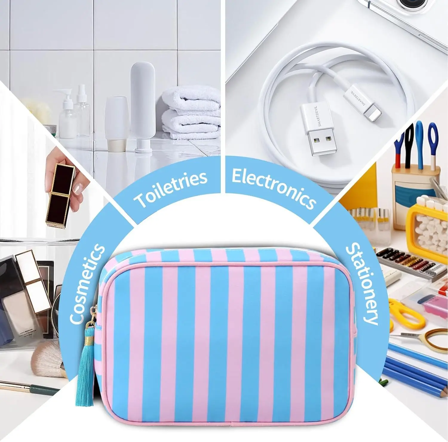 Large Striped Portable Cosmetic Bag For Women Tassel Zipper Makeup Bag Large Capacity Pouch Bags Casual Tote with Zipper Closure
