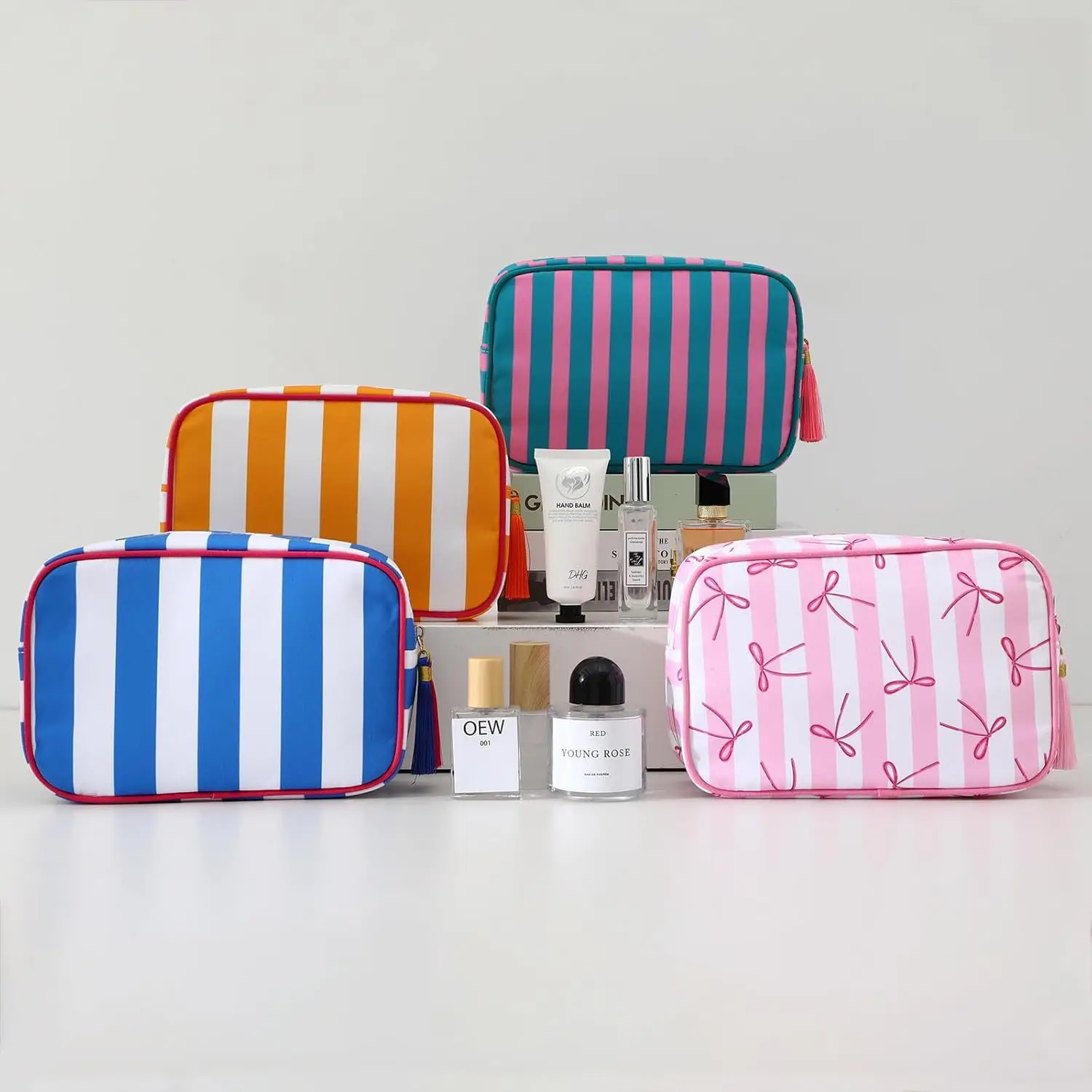 Large Striped Portable Cosmetic Bag For Women Tassel Zipper Makeup Bag Large Capacity Pouch Bags Casual Tote with Zipper Closure