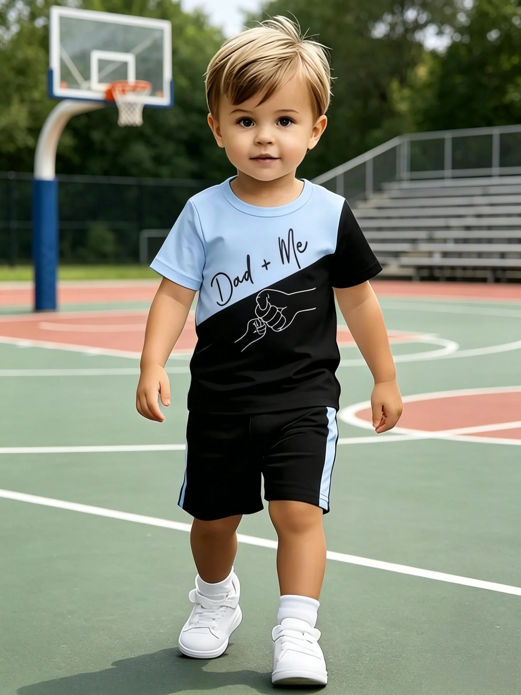 Color Block Dad Me Hand In Hand Print Short Sleeve Shorts Set Boys Casual Style New Arrival
