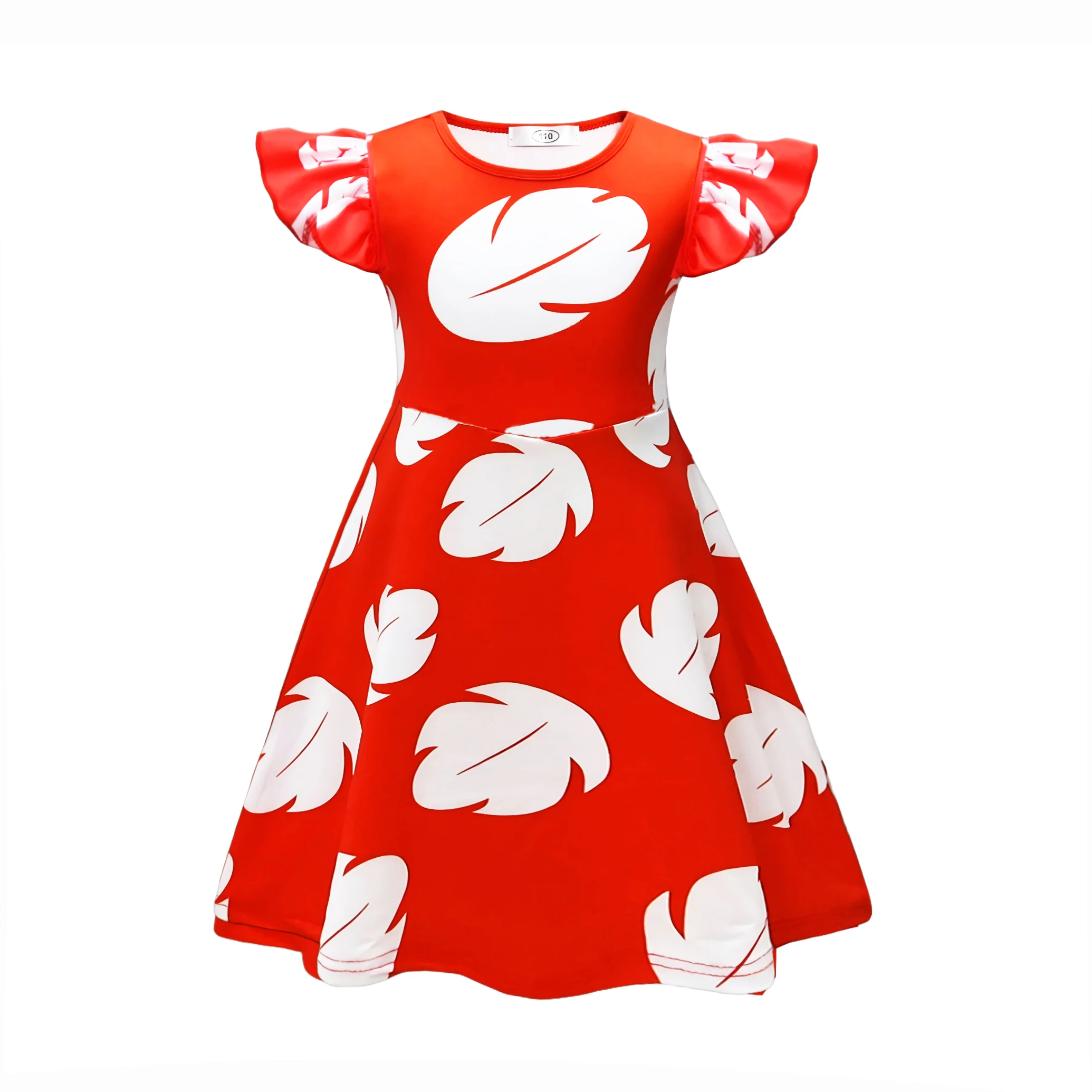 Hawaiian Girl Red Frock with White Feather Summer Casual Beach Dress Costume Play Cute Ohana Spirit Role Playing Apparel 2-12Yrs