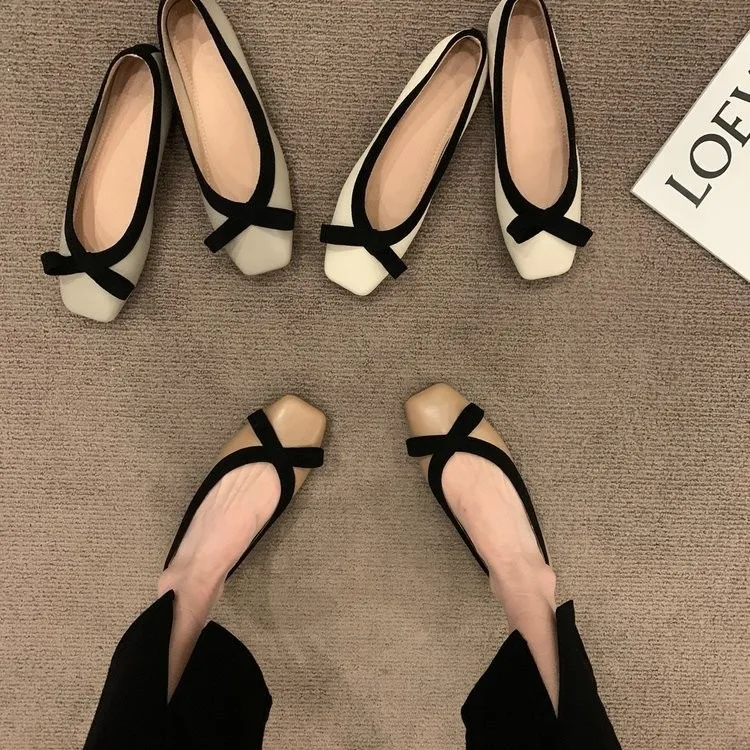 New Bowknot Shallow Soft-soled Women’s Loafers, French-style Versatile Square-toe Flats, Flat Ballet Shoes Spring and Autumn 141