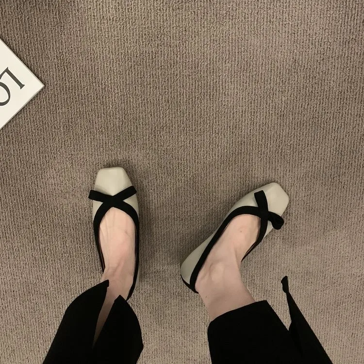 New Bowknot Shallow Soft-soled Women’s Loafers, French-style Versatile Square-toe Flats, Flat Ballet Shoes Spring and Autumn 141