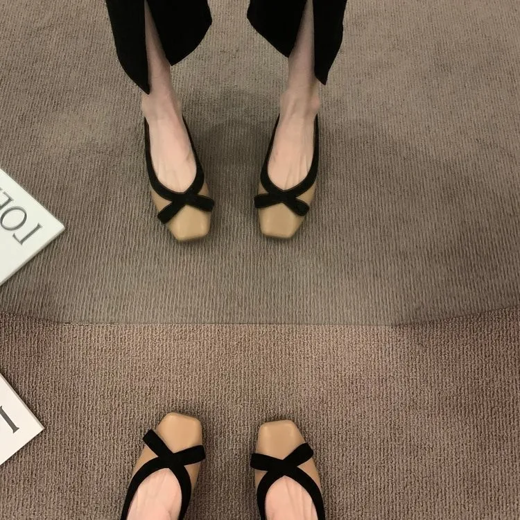New Bowknot Shallow Soft-soled Women’s Loafers, French-style Versatile Square-toe Flats, Flat Ballet Shoes Spring and Autumn 141