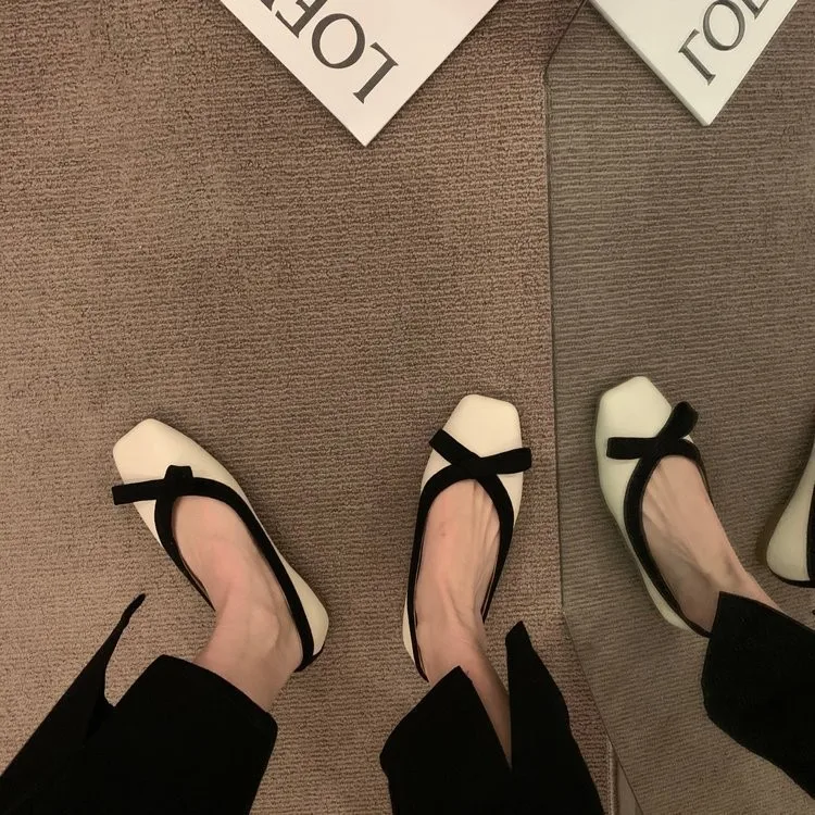 New Bowknot Shallow Soft-soled Women’s Loafers, French-style Versatile Square-toe Flats, Flat Ballet Shoes Spring and Autumn 141