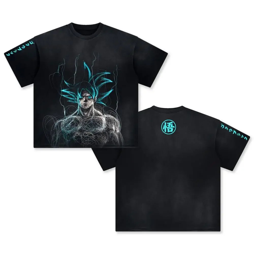 Anime Dragon Ball Cosplay Washed Goku T-Shirt Cotton Large Casual Sports Vegeta Gym T-Shirt Men's Harajuku Tee Clothing