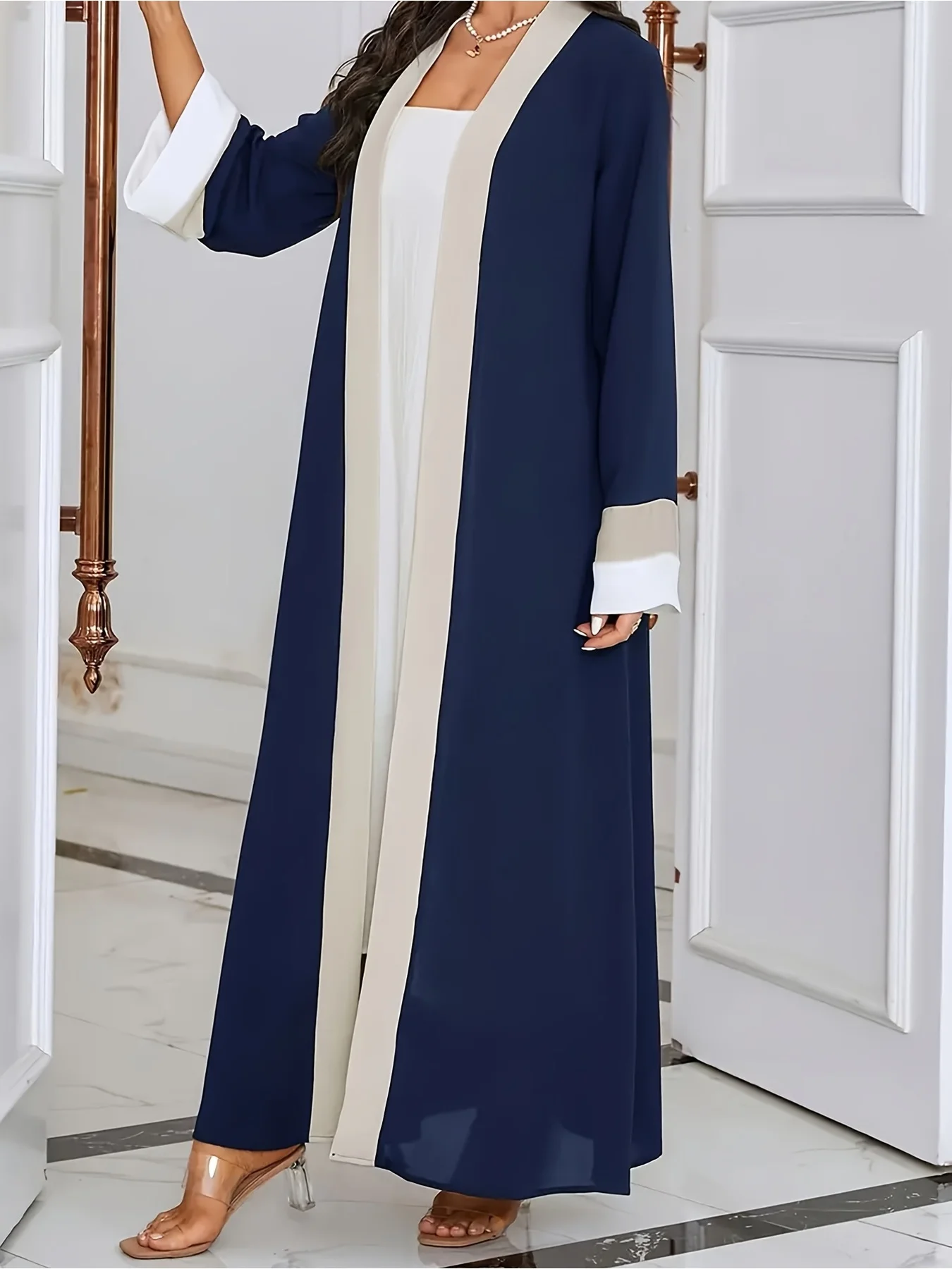 Women's Casual Elegant Ramadan Open-Neck Long-Sleeved Dress Color-Block Slim-Fit Extra-Long Fashionable Muslim Women's Wear